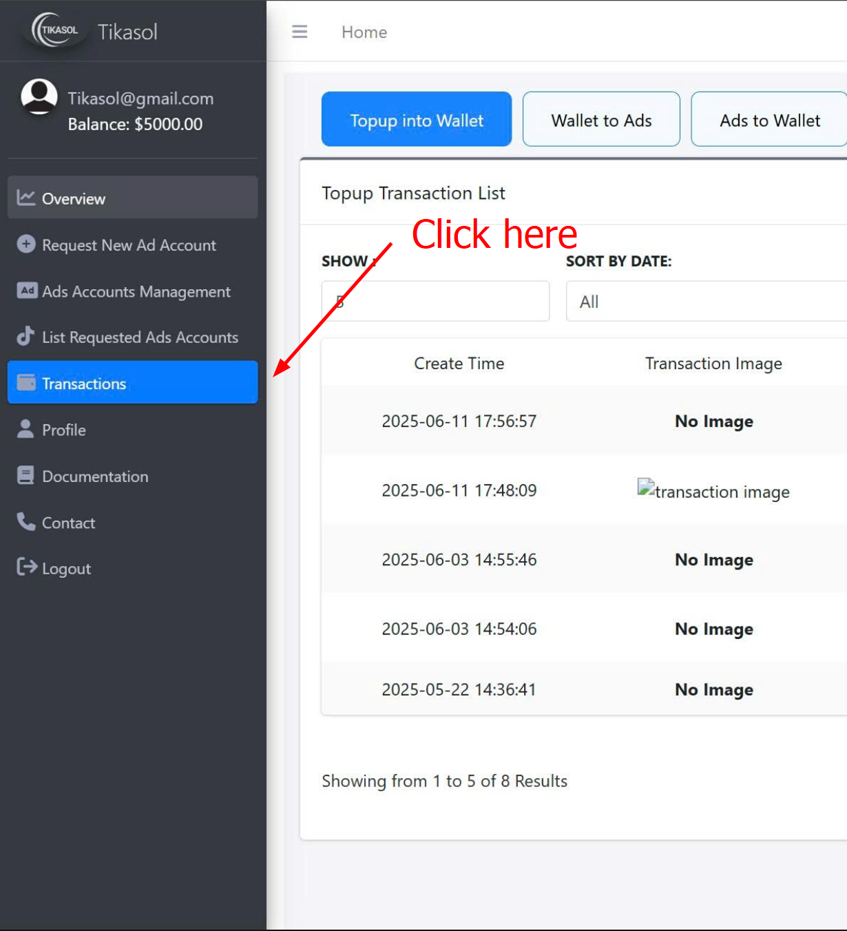 Tikasol transaction history, view and manage financial records and payment details